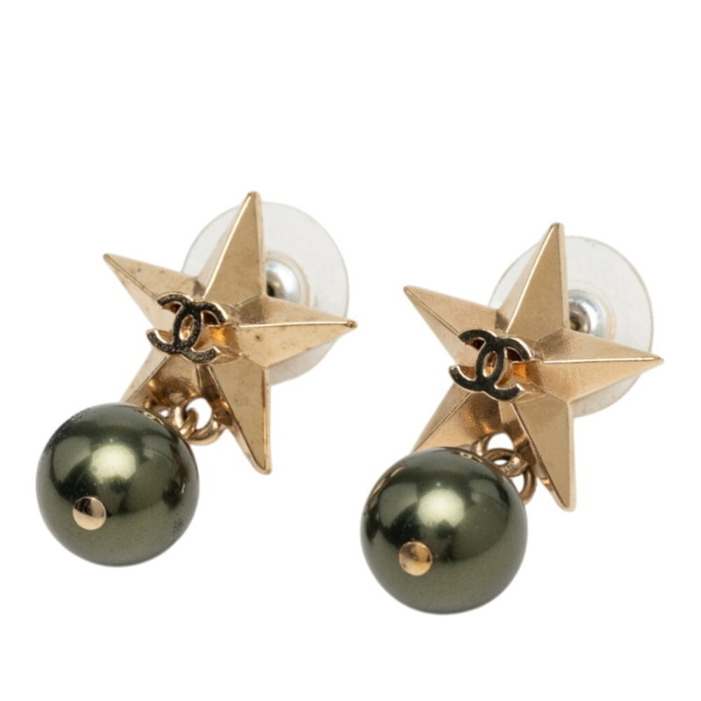 CHANEL Green Logo Earrings